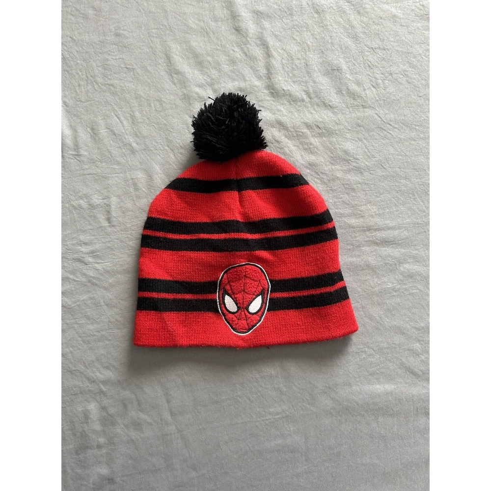 Marvel Spiderman Beanie Embroidered Hat Knit Cap Kids  Unisex Pom Pom Stripe